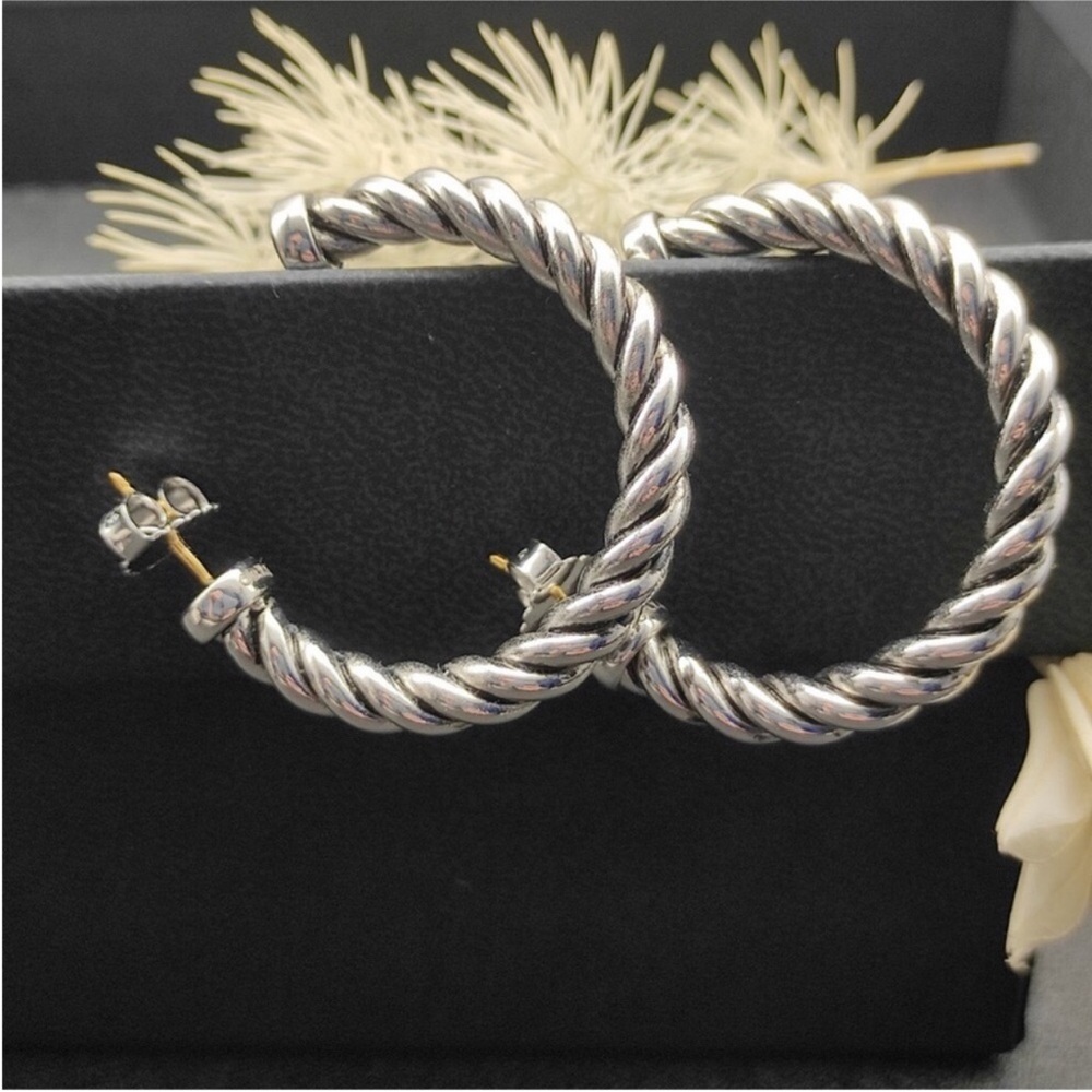 David Yurman Twisted Rope Hoop Earrings - Silver Tone